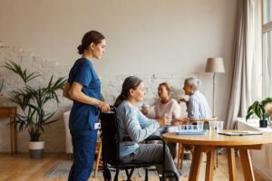 A senior resident chatting with visiting family members in a cozy, well-lit communal area.